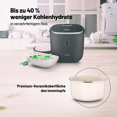 Lauben Low Sugar Reiskocher Rice Cooker mit Low-Sugar-Funktion, 3l Volumen, 6 modi, verzögerter Start, Warmhalten, Antihaft-Keramikoberfläche spülmaschinengeeignet, Kochbuch, Überlaufschutz (Antracit)