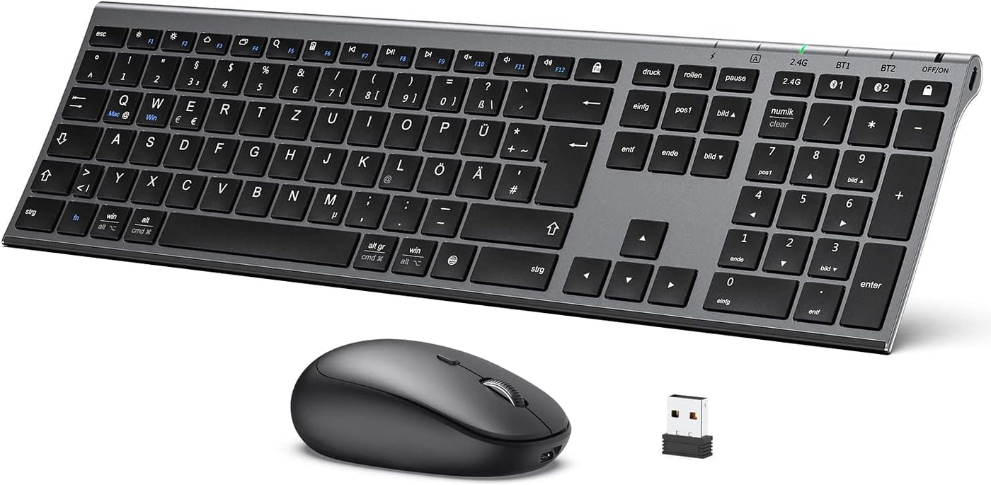iClever Bluetooth Tastatur und Maus, Wiederaufladbare Dualmodus (Bluetooth 4.2+2.4G) Kabellose Tastatur Maus Set, Extrem-Dünne Multi-Funktionale für Mac, Andoid, Windows