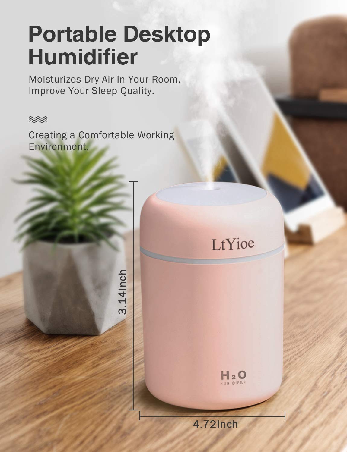 LtYioe Luftbefeuchter, Persönlicher Desktop Mini Luftbefeuchter mit Bunter Cooler Nachtlichtfunktion, Automatische Abschaltung und Super leise für Auto, Büro, Schlafzimmer (Rosa)