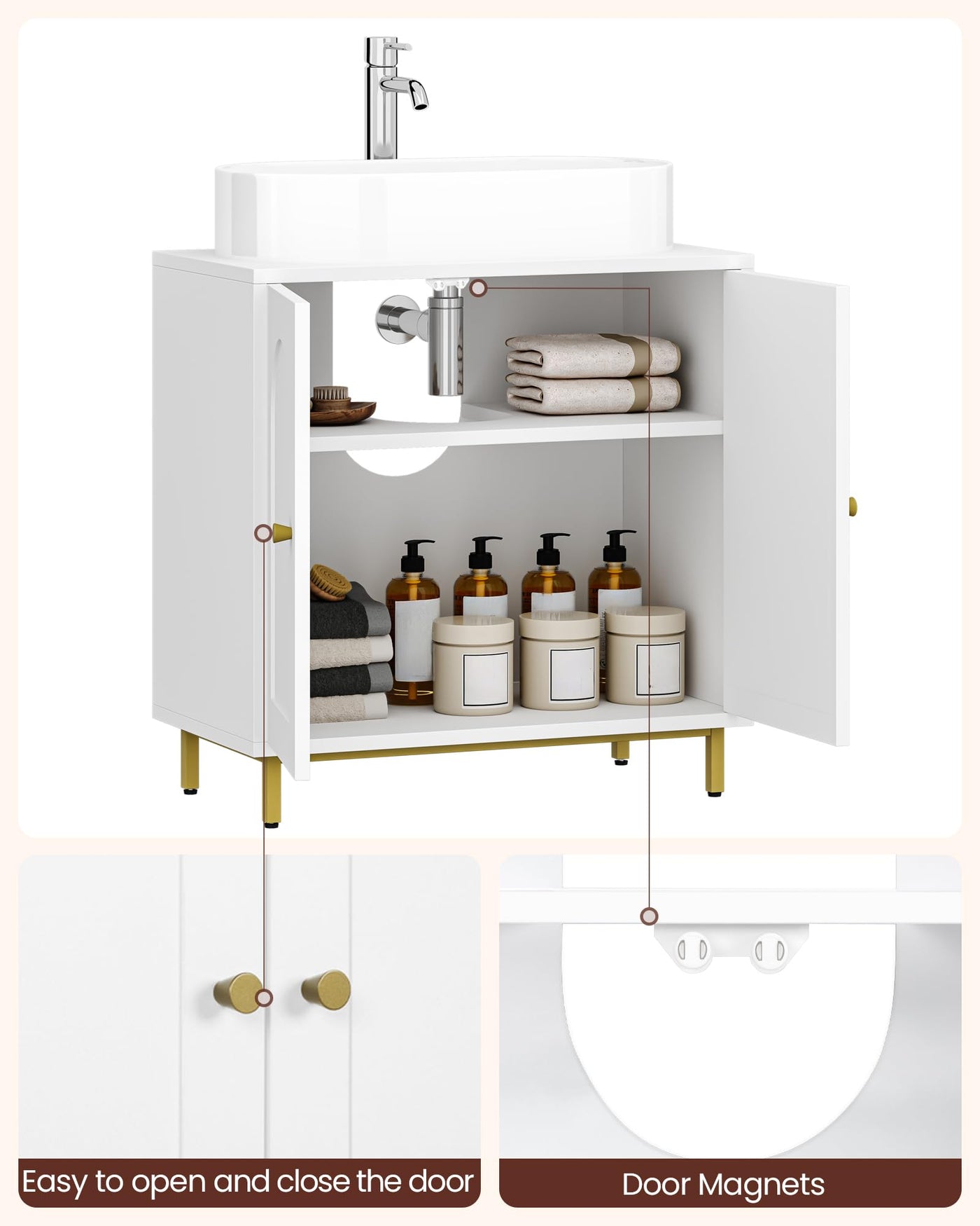 Hzuaneri Waschbeckenunterschrank, Unterschrank, Waschtischunterschrank, Badezimmerschrank mit 2 Türen, verstellbare Ablage, viel Stauraum, freistehend, Landhausstil, 30 x 60 x 63 cm, Weiß BC19103X