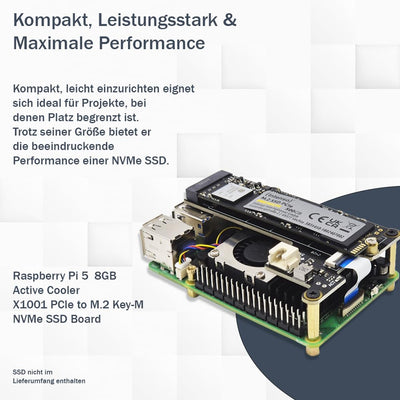 Raspberry Pi 5 8GB PCIe M.2 NVMe - Kit | Metallgehäuse | Active Cooler | M.2 NVMe SSD PCIe Board | USB-C 27W Netzteil | 64GB SD Karte | 4K Micro HDMI Kabel