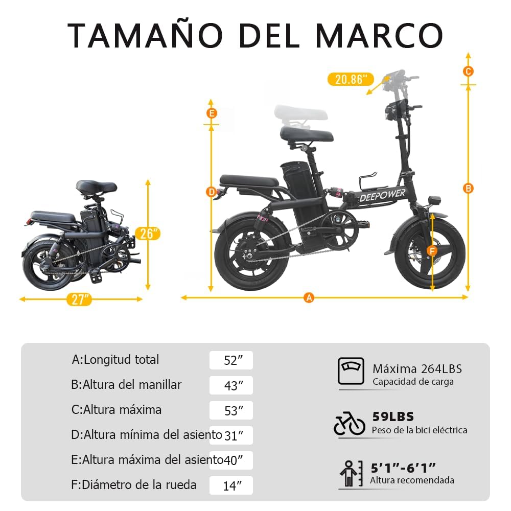 DEEPOWER Klappbares Elektrofahrrad, Elektrofahrrad, 48V 10Ah herausnehmbarer Akku, 250W Motor, Doppelscheibenbremsen, Citybike für Erwachsene (10Ah)