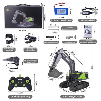 Generisch Huina 1593 Ferngesteuertes Baggerspielzeug, RC-Bagger-Sandkasten mit voll funktionsfähiger Bagger-Fernbedienung und Metallschaufel, ferngesteuert, mit Akku und Ladegerät, 2 Akkus, 3 Aufsätze