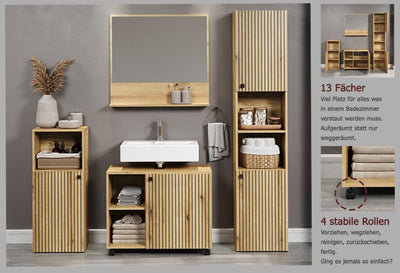 trendteam smart living - Waschbeckenunterschrank Unterschrank auf Rollen - Badezimmer - PureBliss - Aufbaumaß (BxHxT) 80 x 64 x 42 cm - Farbe Evoke Eiche mit schwarzen Rillen - 233730142