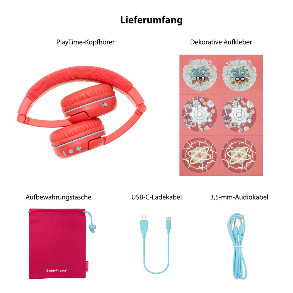 Brandneu und „Made for Amazon“: Bluetooth-Kinderkopfhörer BuddyPhones PlayTime mit Lautstärkebegrenzung (Alter: 3-7 Jahre), Rot