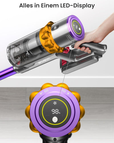 Anyson 45000Pa/550W/70Min Staubsauger Kabellos, 1.6L Akku Staubsauger Super Leise, Akkustaubsauger Selbstladender mit LED Display/Anti-Tangle-Bürste, Stabstaubsauger für Hartböden Teppiche Tierhaare