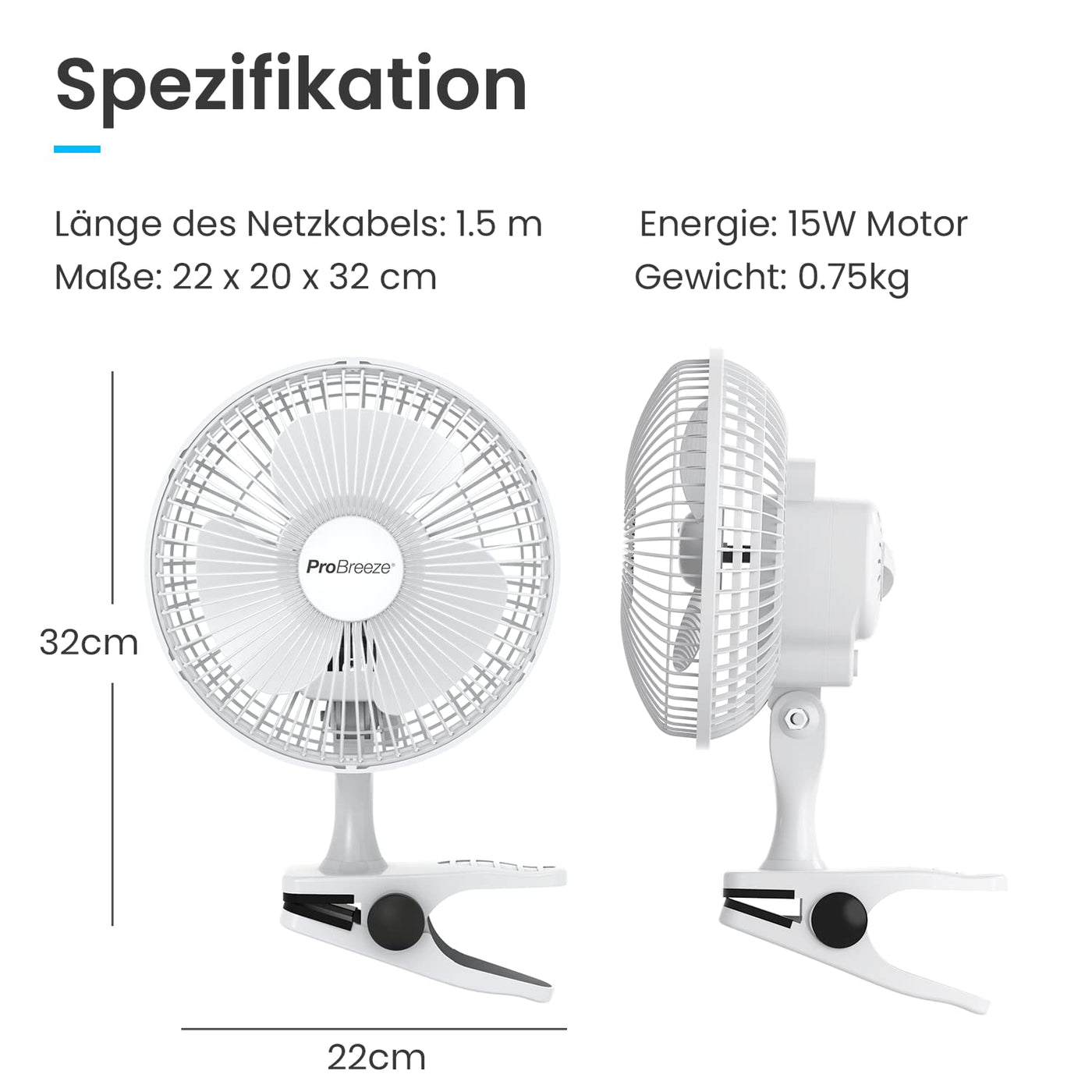 Pro Breeze Mini Ventilator mit Clip - 15 cm Durchmesser, 2 Geschwindigkeitsstufen, starke + stabile Klammer - Ideal als Tischventilator im Büro am Schreibtisch oder Zuhause im Schlafzimmer