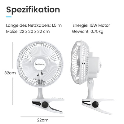Pro Breeze Mini Ventilator mit Clip - 15 cm Durchmesser, 2 Geschwindigkeitsstufen, starke + stabile Klammer - Ideal als Tischventilator im Büro am Schreibtisch oder Zuhause im Schlafzimmer