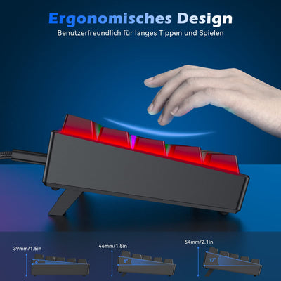 TECURS Mechanische Gaming Tastatur, Mechanische Tastatur 60 Prozent QWERTZ Rote Schalter für PC Gamer und Arbeits, 61 Tasten Kabelgebundene Tastatur für PC Windows/PS5/PS4, Schwarz