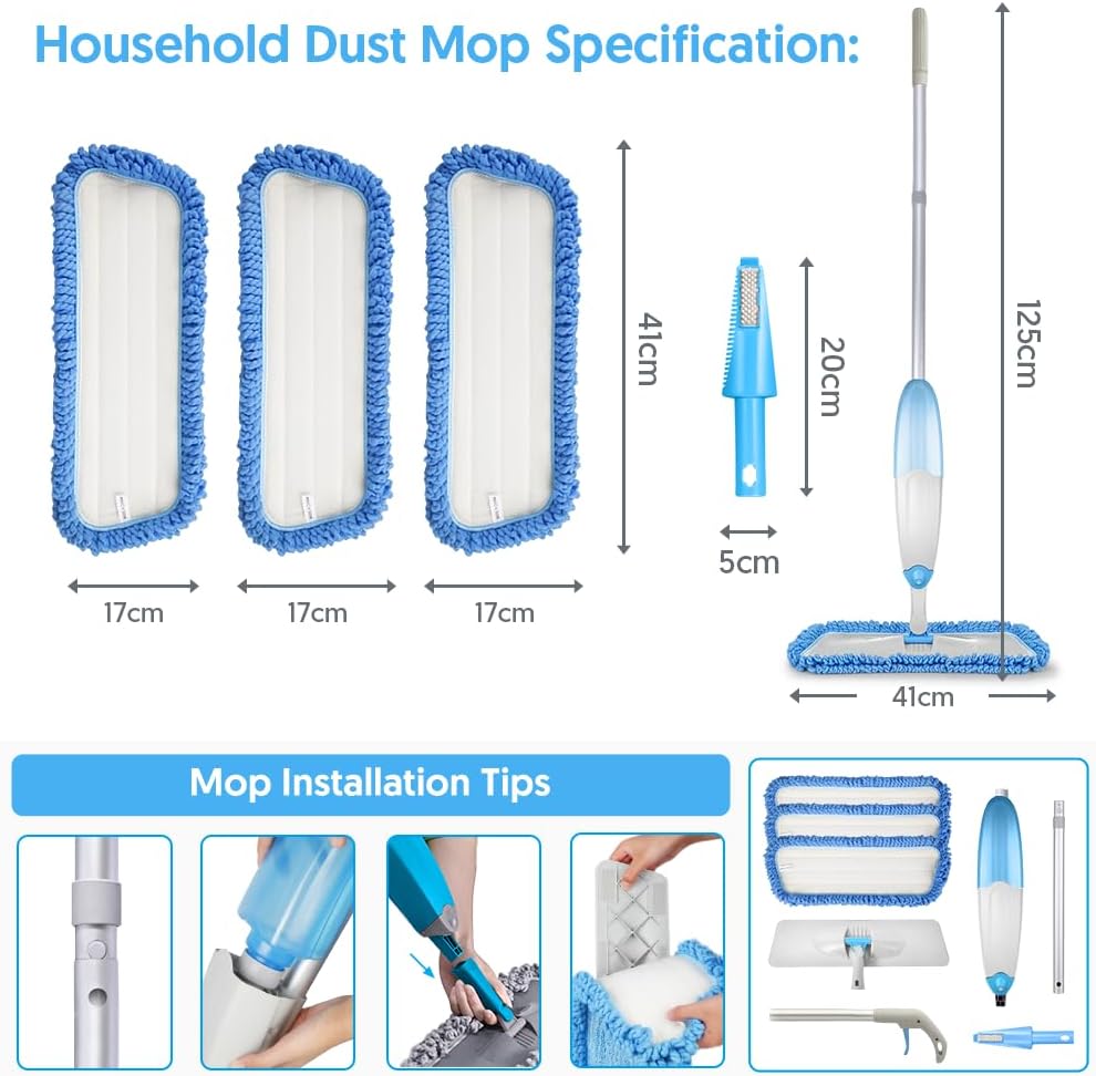 Bodenwischer mit Sprühfunktion, TINA&TONY Wischmopp mit Sprühfunktion mit 435ml Wassertank, Sprühwischer Bodenwischer mit 3 Waschbaren Mikrofaser Pads, Blau Wischer Boden Spray Mop für Laminat