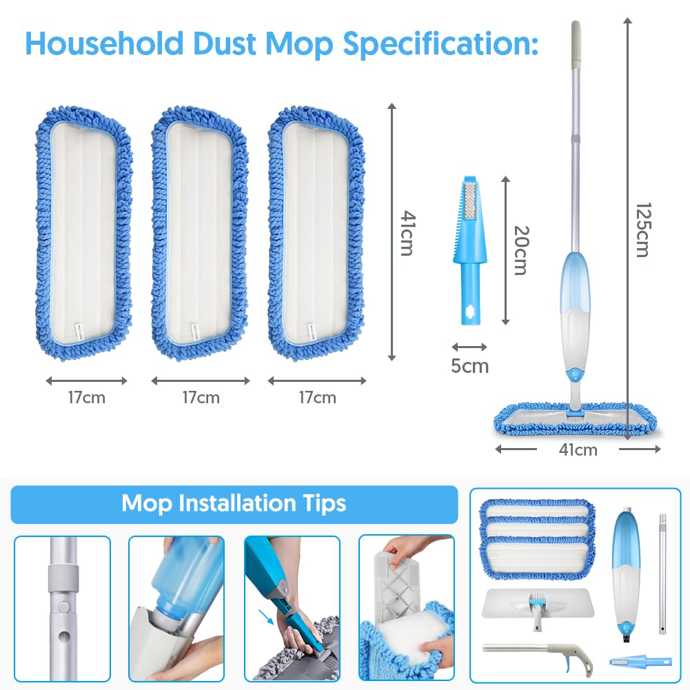 Bodenwischer mit Sprühfunktion, TINA&TONY Wischmopp mit Sprühfunktion mit 435ml Wassertank, Sprühwischer Bodenwischer mit 3 Waschbaren Mikrofaser Pads, Blau Wischer Boden Spray Mop für Laminat