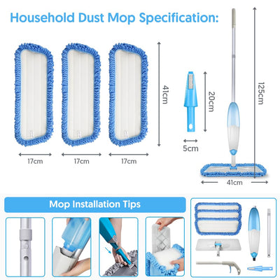 Bodenwischer mit Sprühfunktion, TINA&TONY Wischmopp mit Sprühfunktion mit 435ml Wassertank, Sprühwischer Bodenwischer mit 3 Waschbaren Mikrofaser Pads, Blau Wischer Boden Spray Mop für Laminat