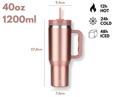 Milu Thermobecher 1,2L mit Strohhalm und Henkel – 48h Eis/24h kalt/12h heiß Edelstahl Tumbler 40oz mit Griff - Isolierbecher to go - Isolierflasche Trinkflasche doppelwandig isoliert (Rose Gold, 1,2L)