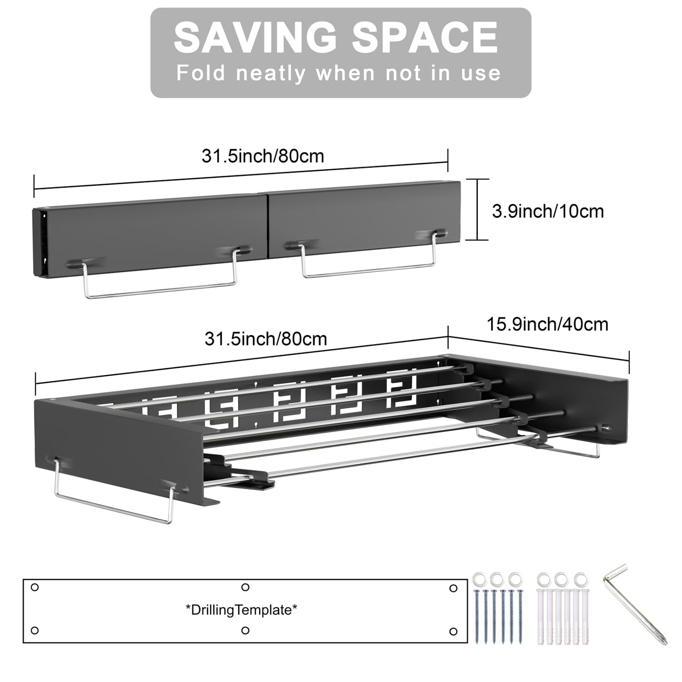 IBVIVIC Wand Wäschetrockner ausziehbar 80cm, Wäscheständer klappbar für Innen oder Außen, platzsparend kompakt, Schwarz