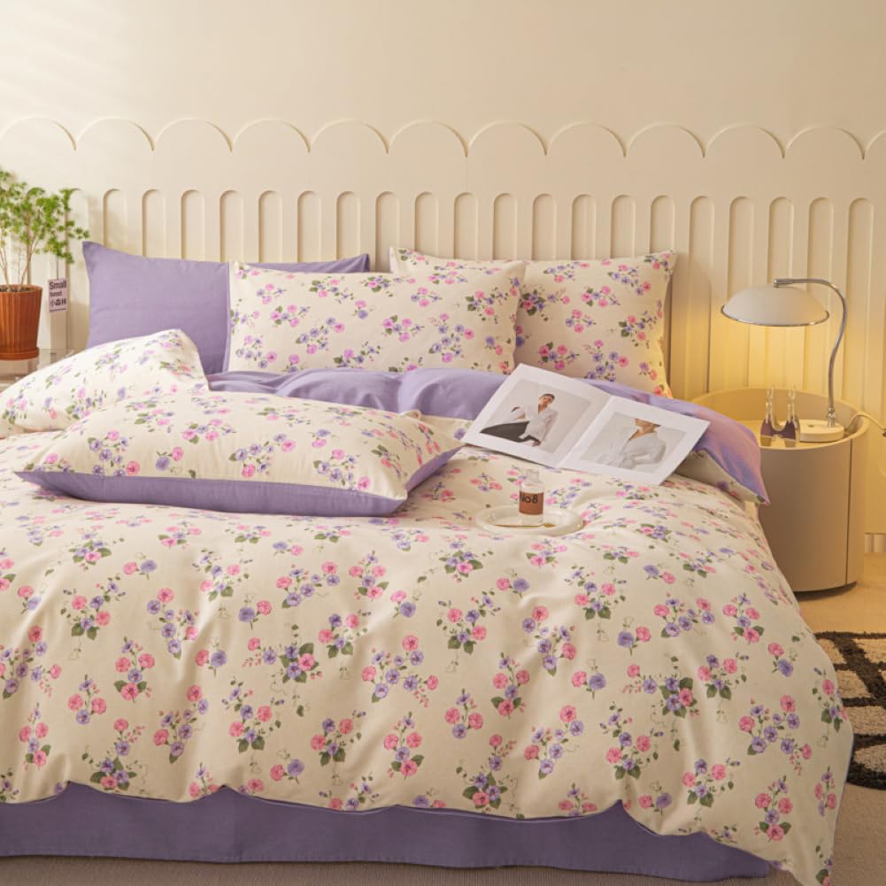 Nayoroom Bettwäsche 140x200 Lila Beige Violett Blumen Blümchen Floral Wende Bettwäsche Set Microfaser 2teilig, Aesthetic Mädchen Geblümt Bettbezug und 1 Kissenbezug 70x90 cm mit Reißverschluss