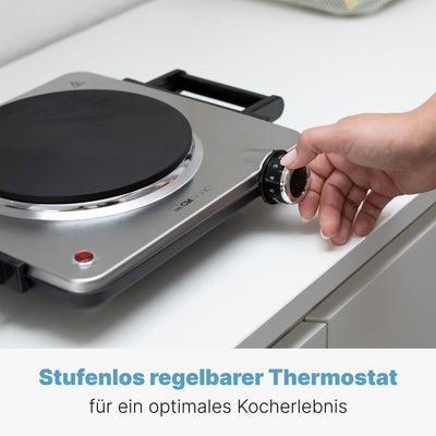 Clatronic® Kochplatte elektrisch mit 1500W | Herdplatte 1 Kochfeld für Küche, Büro oder Camping | elektrische Kochplatte mit stufenloser Temperatureinstellung | Einzelkochplatte Edelstahl | EKP 3788