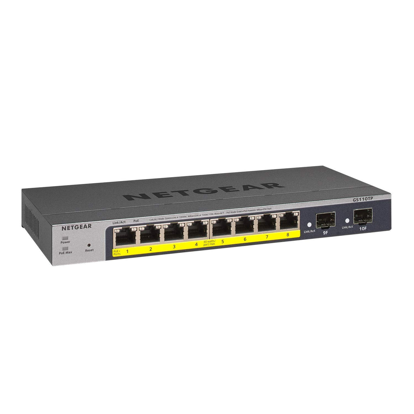 NETGEAR GS110TP 10 Port Gigabit Ethernet LAN PoE Switch Smart (Managed mit 8x PoE+ 55W, 2x 1G-SFP, lokales Management oder Remote per Insight Cloud, lüfterlos, ProSAFE Lifetime-Garantie)