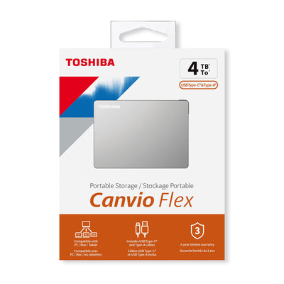 Toshiba 4TB Canvio Flex Portable External Hard Drive for Mac, Windows PC and Tablet use, compatible with most USB-C and USB-A devices, Silver (HDTX140ESCAA)