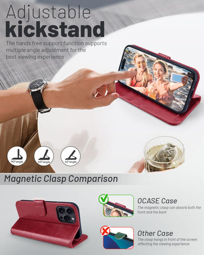 OCASE iPhone 16 Pro Max Hülle Handyhülle Premium PU Leder, Kartenfach Standfunktion, RFID Rohutzhülle Klapphülle Handytasche Lederhülle Kompatibel für iPhone 16 Pro Max (6,9 Zoll) Rot