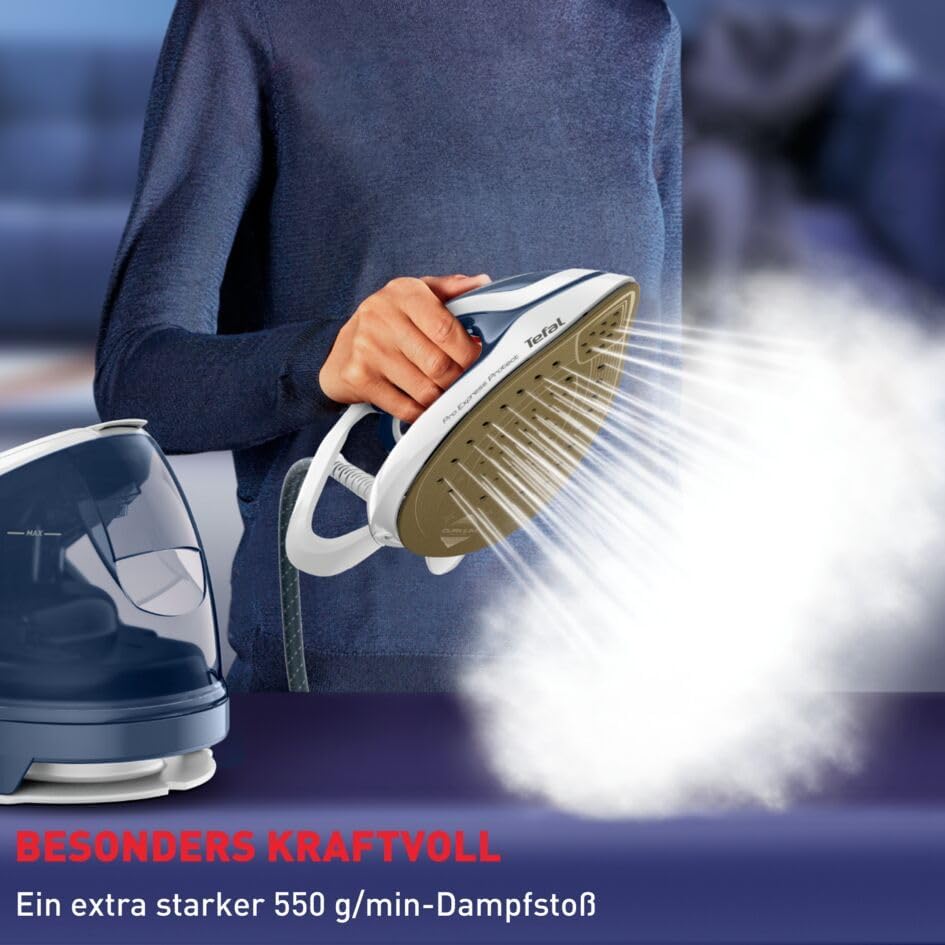 Tefal GV9225 Pro Express Protect Dampfbügelstation | 7,6 Bar Dampfdruck | variable Dampfmenge: 140 g/Min. | Dampfstoß: 550 g/Min. | Anti-Kalk-Kollektor | vertikale Dampffunktion | Blaugrau/Weiß