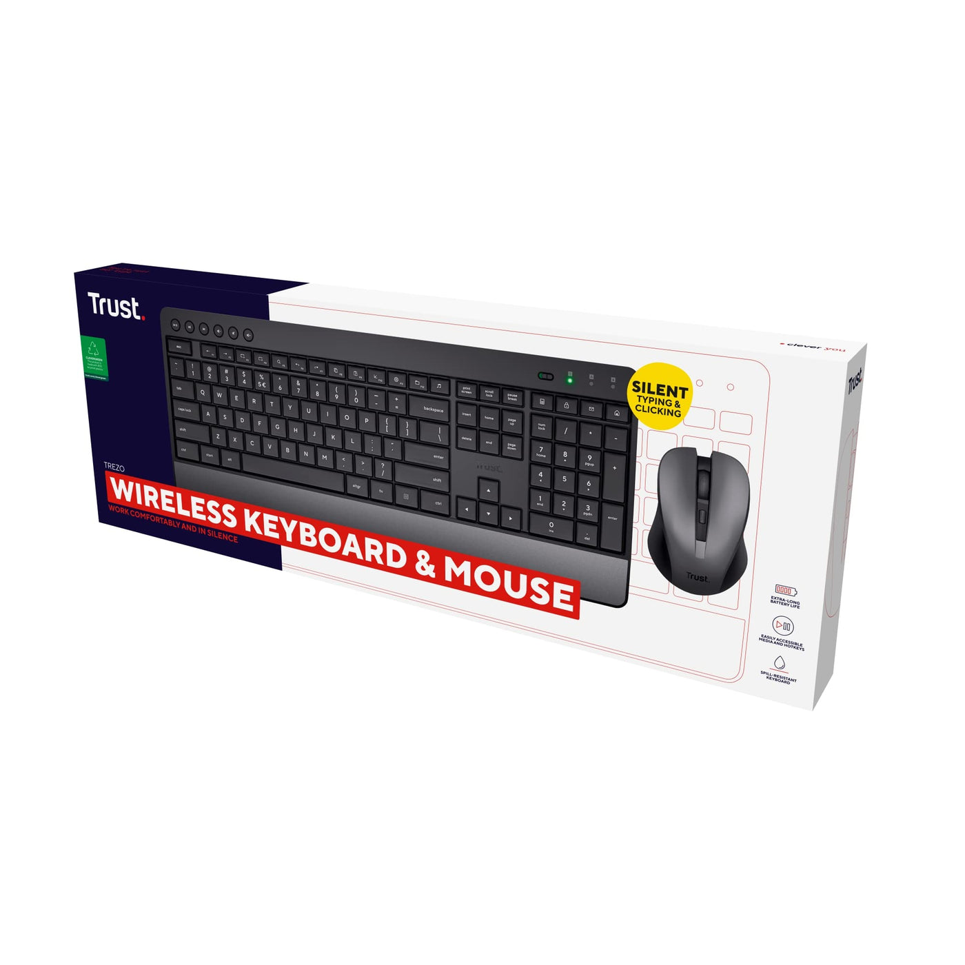 Trust Tastatur Maus Set Kabellos, Deutsches QWERTZ-Layout, Nachhaltiges Design, Kabellose Tastatur mit Funkmaus, Leise und Ergonomische Combo, 48 Monaten Batterielaufzeit, 2.4 GHz, PC, Laptop, Schwarz