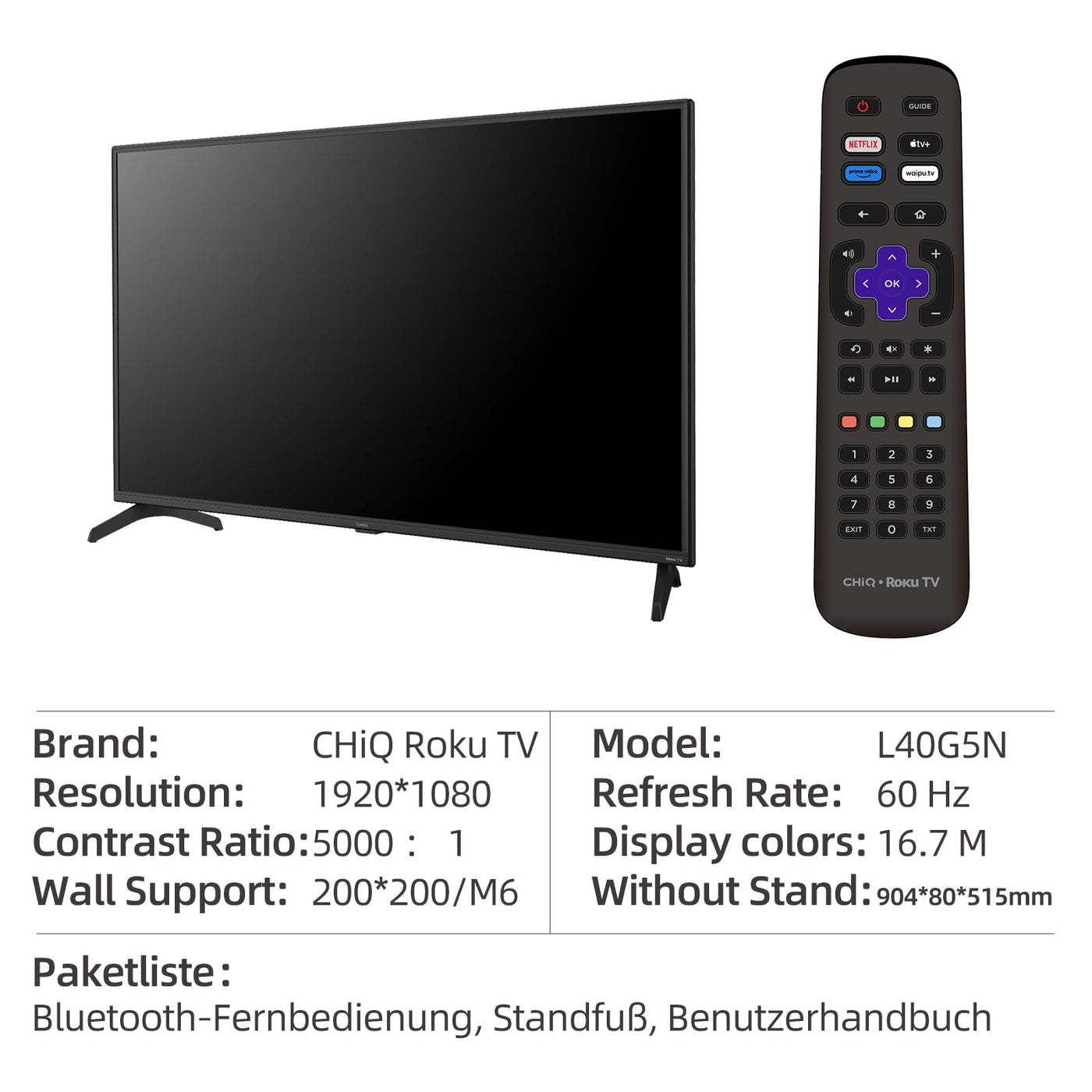 CHIQ L40G5N 40 Zoll Roku TV, FHD Smart TV, HDR10, Works with Alexa, DVB-T2/T/C/S/S2, Unterstützt Apple Air-Play, Google Assistant, Apple TV+, Prime Video, HDMI/USB, 2025