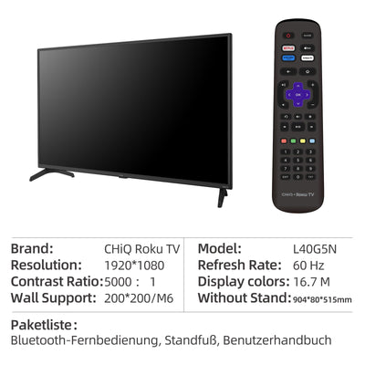 CHIQ L40G5N 40 Zoll Roku TV, FHD Smart TV, HDR10, Works with Alexa, DVB-T2/T/C/S/S2, Unterstützt Apple Air-Play, Google Assistant, Apple TV+, Prime Video, HDMI/USB, 2025