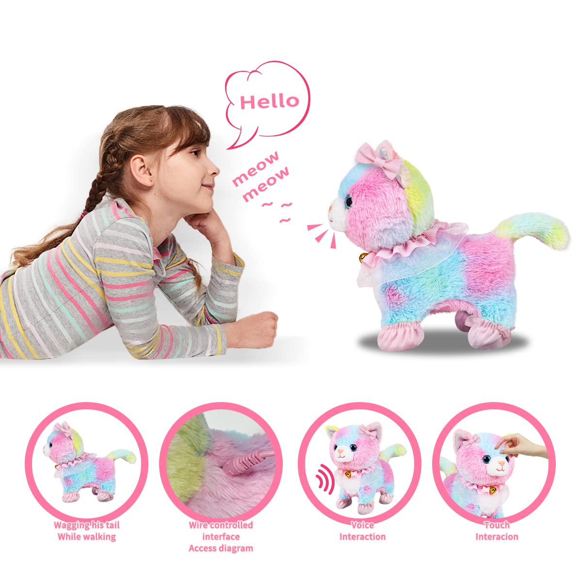 RuiDaXiang Plüschtierkatze mit Ferngesteuerter Leine, realistische interaktive Haustierkatze,die läuft und inklusive Katzenzubehör(Bunt Katze)