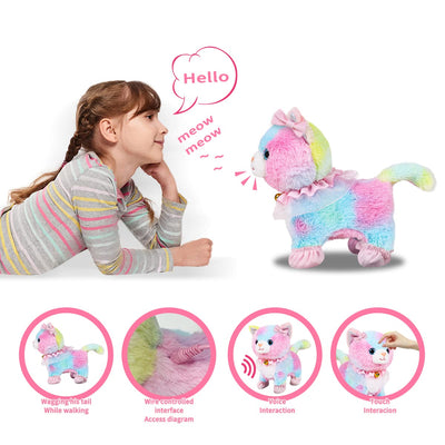 RuiDaXiang Plüschtierkatze mit Ferngesteuerter Leine, realistische interaktive Haustierkatze,die läuft und inklusive Katzenzubehör(Bunt Katze)