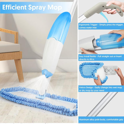 Bodenwischer mit Sprühfunktion, TINA&TONY Wischmopp mit Sprühfunktion mit 435ml Wassertank, Sprühwischer Bodenwischer mit 3 Waschbaren Mikrofaser Pads, Blau Wischer Boden Spray Mop für Laminat