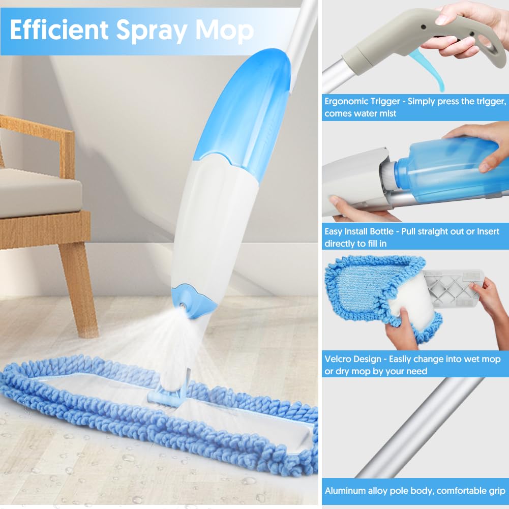 Bodenwischer mit Sprühfunktion, TINA&TONY Wischmopp mit Sprühfunktion mit 435ml Wassertank, Sprühwischer Bodenwischer mit 3 Waschbaren Mikrofaser Pads, Blau Wischer Boden Spray Mop für Laminat