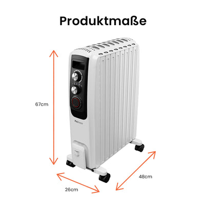Pro Breeze Tragbarer Ölradiator, 8 Elemente, 2000 W, mit 3 Heizleistungen, einstellbarer Thermostat, 24-Stunden-Timer, energiesparende elektrische Heizung