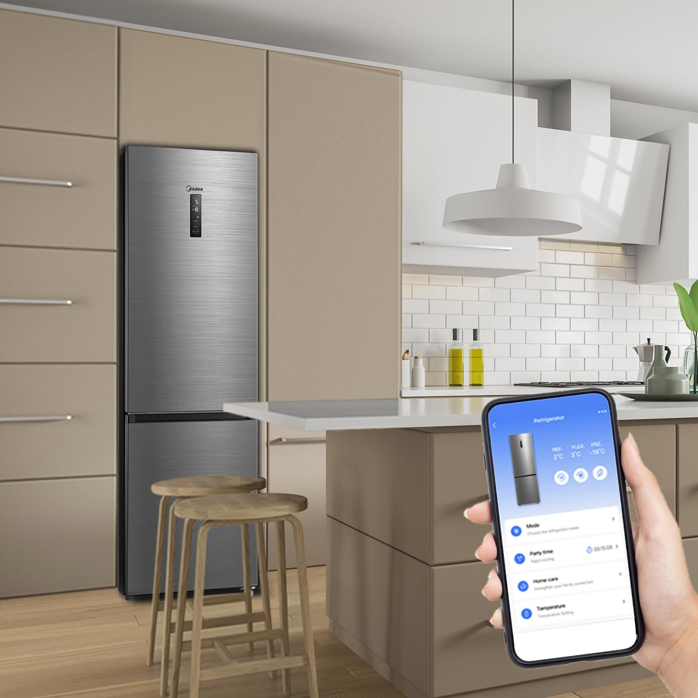 Midea MDRB521MIC46A Kühl-/Gefrierkombination/No Frost/WiFi-Steuerung/Inverter Kompressor/201 cm hoch / 59,5 cm breit /70 cm tiefe/177 kWh/Jahr/256 L Kühlteil/122 L Gefrierteil, Front Inox