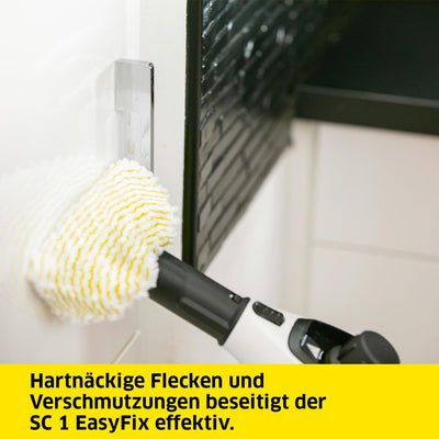 Kärcher Dampfreiniger SC 1 EasyFix, Dampfdruck: 3 bar, Aufheizzeit: 3 min., Leistung: 1.200 W, Flächenleistung: 20 m², Tank: 200 ml, mit Bodenreinigungsset EasyFix, Düsen und Mikrofaserbezug, Weiss