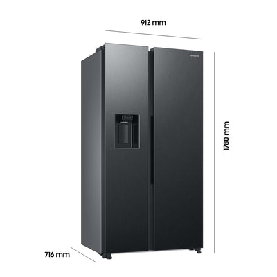 Samsung Side-by-Side-Kühlschrank mit Gefrierfach, 178 cm, 634 l Gesamtvolumen, 225 l Gefrierteil, AI Energy Mode, Wasser- und Eisspender, Frischwasseranschluss, Premium Black Steel, RS6GCG885DB1EG