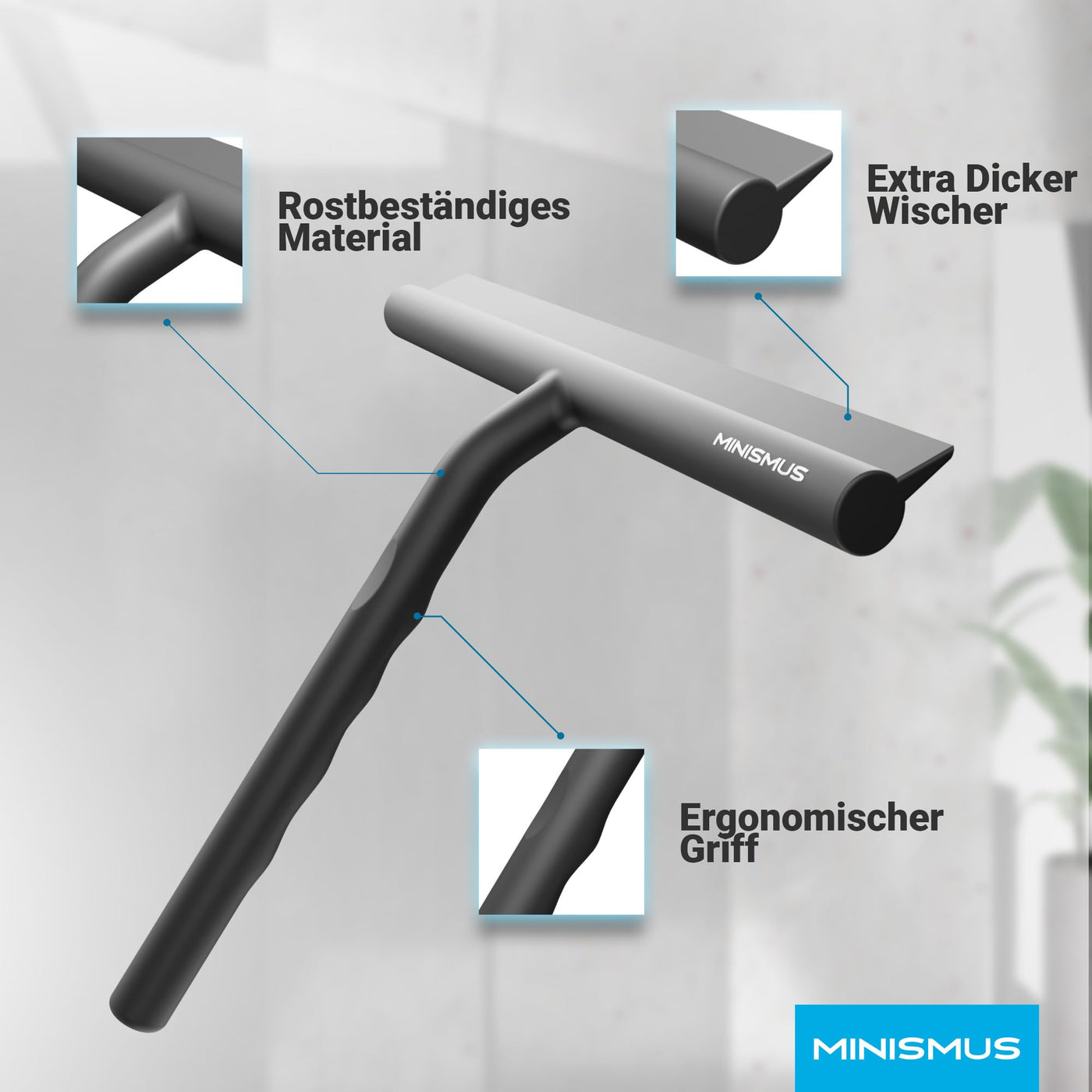 MINISMUS Fensterabzieher mit Aufhänger – Profi Abzieher Dusche - Duschabzieher – Schlierenfrei – Hochwertiger Silikon - Antirutsch (Schwarz)