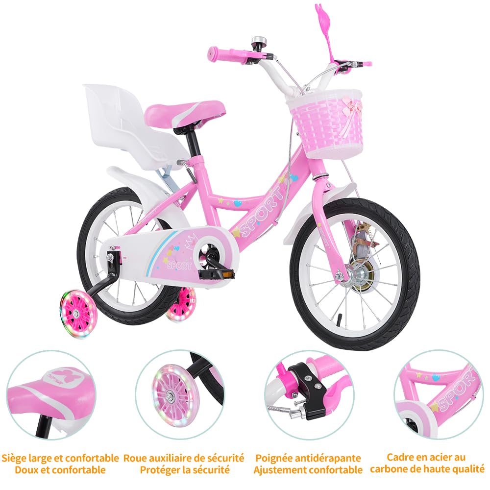 OHMG Mountainbike 12/14/16 Zoll für Mädchen, Rahmen aus Karbonstahl, Mountainbike, Jugendrad, Lenker und Sattel höhenverstellbar, für Kinder von 1 bis 9 Jahren (Rosa, 14 Zoll)