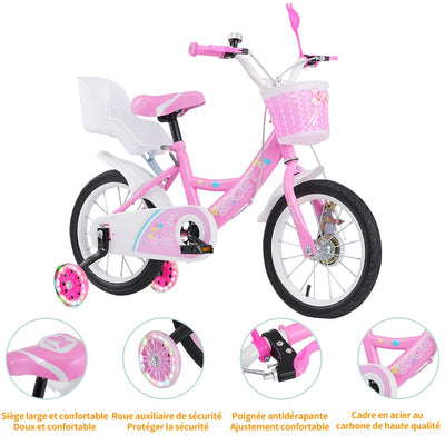 OHMG Mountainbike 12/14/16 Zoll für Mädchen, Rahmen aus Karbonstahl, Mountainbike, Jugendrad, Lenker und Sattel höhenverstellbar, für Kinder von 1 bis 9 Jahren (Rosa, 14 Zoll)