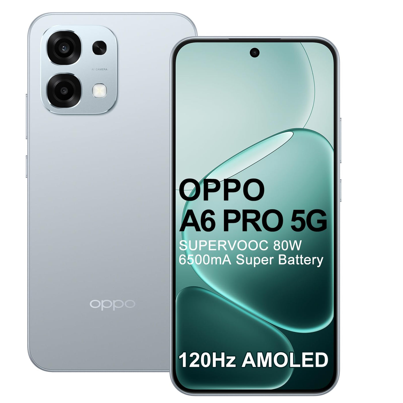 OPPO A6 Pro 5G 8+256GB Handy, AI Smartphone Android Ohne Vertrag, Batterie 6500mAh, 80W SUPERVOOC, Dimensity 6300 5G, Bildschirm 120Hz 6,57" AMOLED, IP69, AI-Kamera 50+2MP, NFC, Dual SIM, Silber