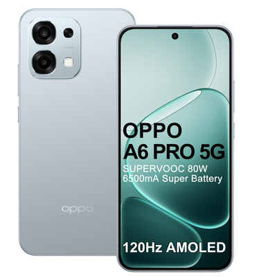 OPPO A6 Pro 5G 8+256GB Handy, AI Smartphone Android Ohne Vertrag, Batterie 6500mAh, 80W SUPERVOOC, Dimensity 6300 5G, Bildschirm 120Hz 6,57" AMOLED, IP69, AI-Kamera 50+2MP, NFC, Dual SIM, Silber