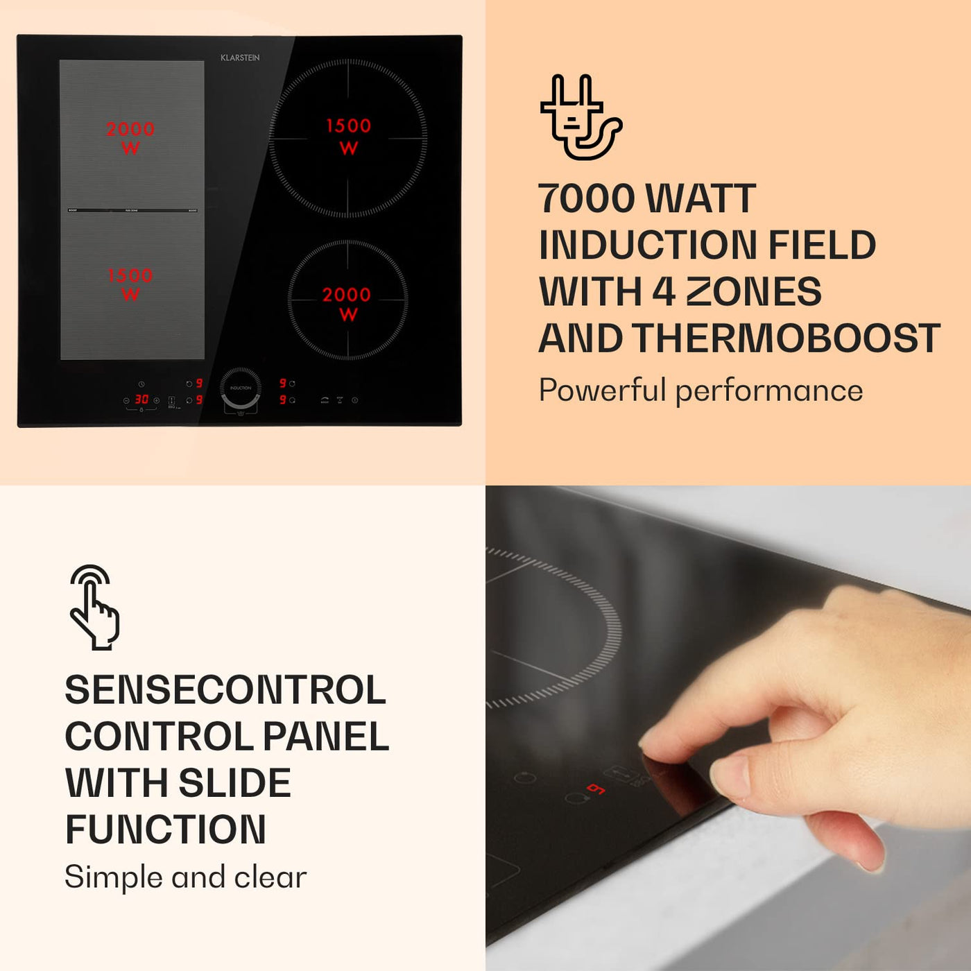 Klarstein Induktionskochfeld, Glaskeramik Kochfeld, mit 4 Platten, Einbau- mit Touch-Display, Digitalanzeige und Timer-Funktion, Schnelles Aufheizen, 7000 Watt