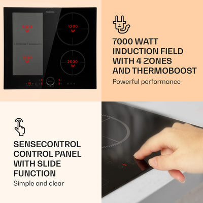 Klarstein Induktionskochfeld, Glaskeramik Kochfeld, mit 4 Platten, Einbau- mit Touch-Display, Digitalanzeige und Timer-Funktion, Schnelles Aufheizen, 7000 Watt