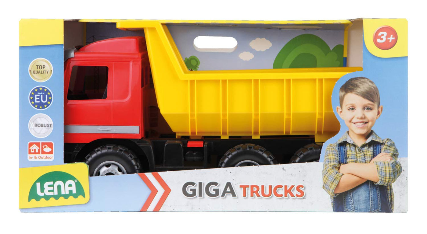 Lena 02031 - Riesen Muldenkipper Mercedes Benz Actros, Kipplaster ca. 63 cm, großer Kipper mit 3 Achsen & verriegelbarer Kippmulde, Baustellen Spielfahrzeug für Kinder ab 3 Jahre, Rot, Gelb, Schwarz