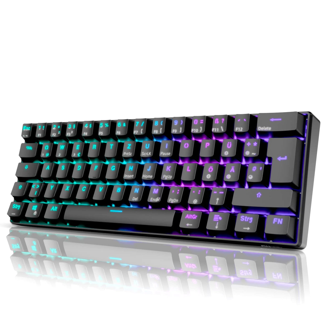 RK61 RGB Gaming-Tastatur, 2,4 GHz Wireless/Bluetooth/Wired 60% Mechanische Tastatur 61 Tasten, Hot-Swap-fähiger Brauner Schalter mit RGB-Beleuchtung Kompatibel für Win/Mac, Schwarz (QWERTZ)