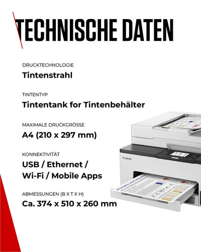 Canon MAXIFY GX2050 Tintenstrahldrucker 4-in-1 Multifunktionsgerät DIN A4 (Drucker, Scanner, Kopierer, Fax, ADF, 600x1200 DPI, WLAN, USB, Duplexdruck, 250 Blatt Kassette) Enthält 6 x Tintenflaschen