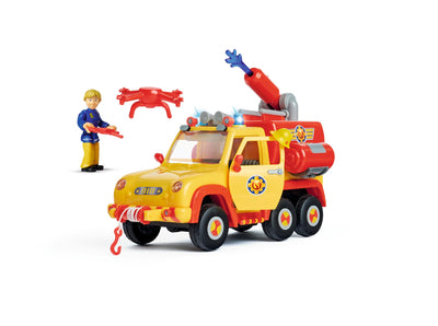 Simba 109251094 - Feuerwehrmann Sam Feuerwehrauto Venus 2.0 mit Figur, Originalsound, Blaulicht, Pfeilschussfunktion, Türen zum Öffnen, Penny Spielfigur, viel Zubehör, 19cm, ab 3 Jahren
