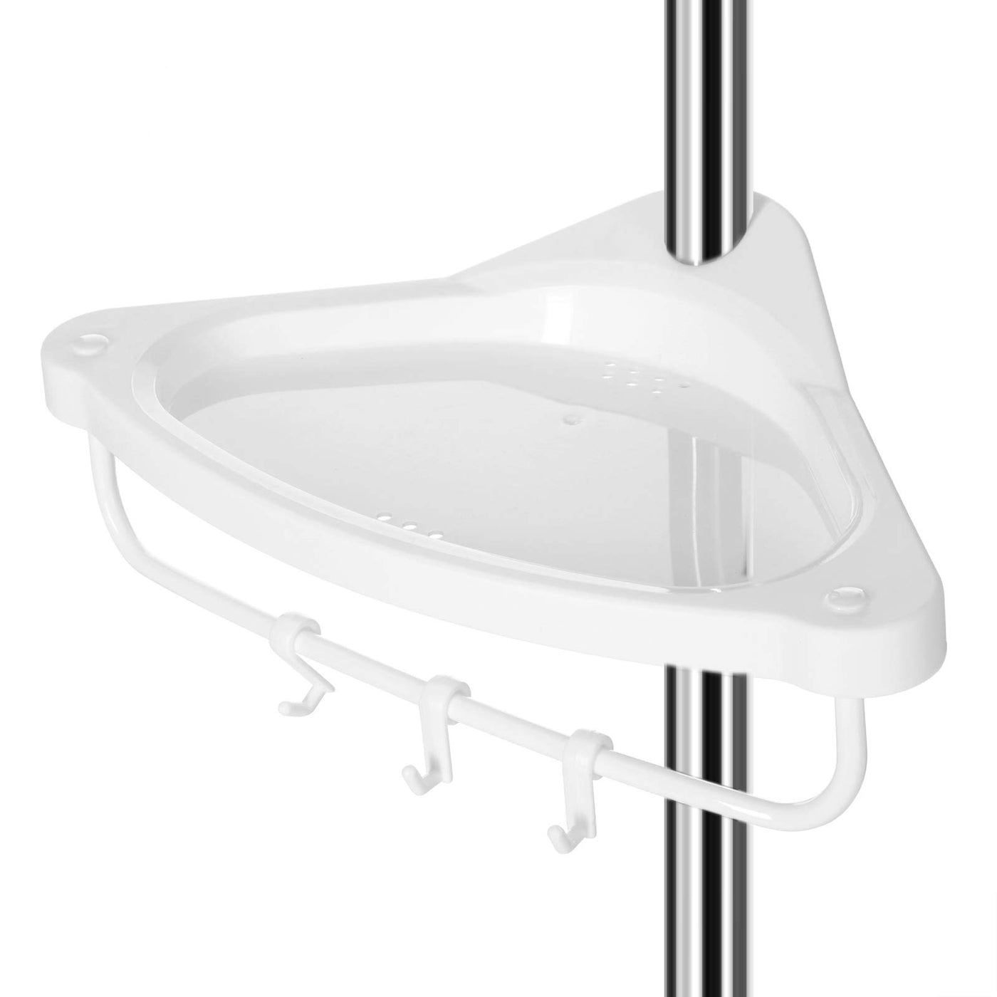 SONGMICS Duschregal höhenverstellbar, Eckregal fürs Badezimmer, Badregal, 95-300 cm, Boden bis Decke, Edelstahl, 4 Ablagen, 3 Haken, 1 Handtuchhalter, weiß-silbern BCB02SW
