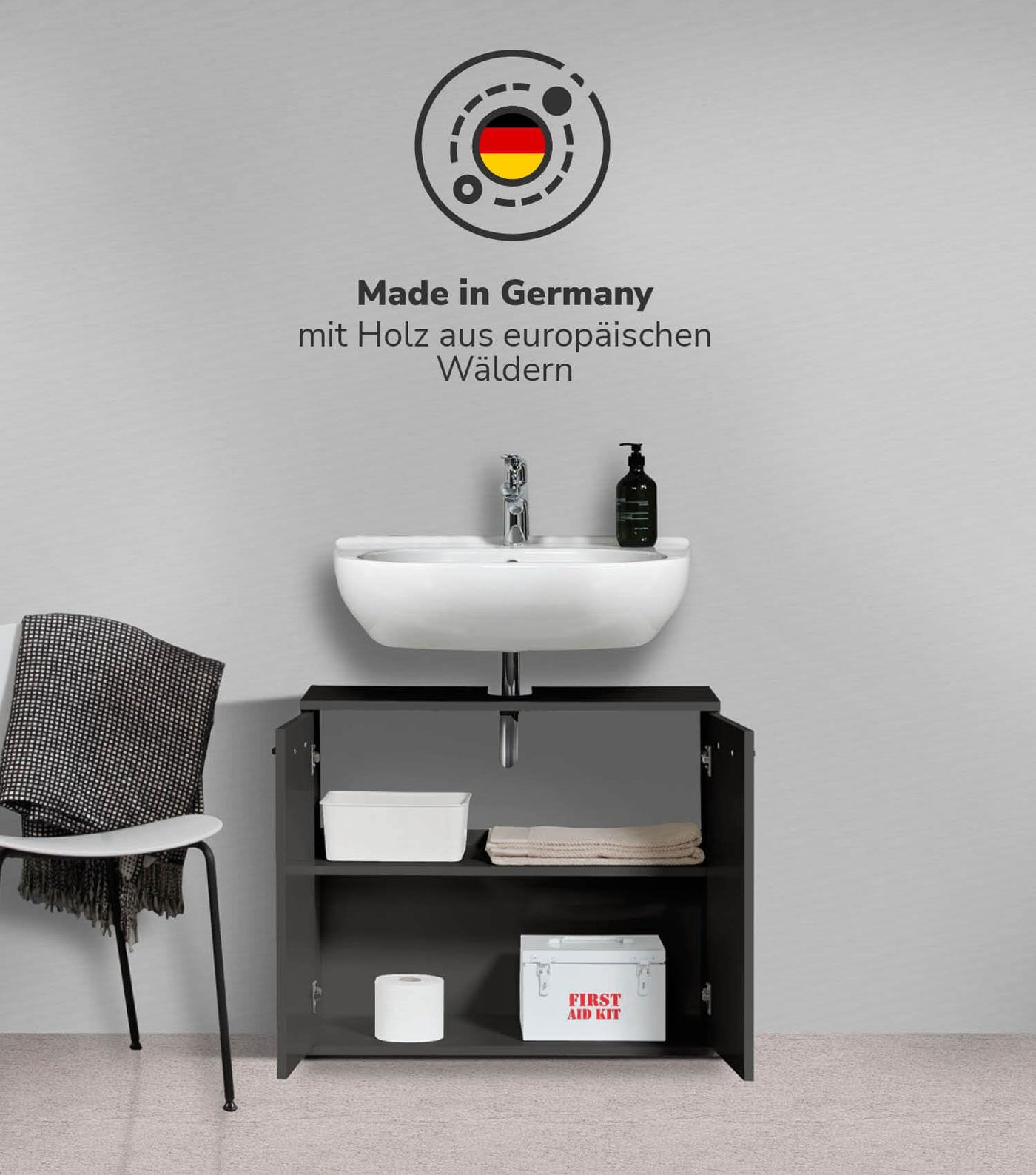 mokebo® Waschbeckenunterschrank in Anthrazit-Schwarz 'Der Waschbär', Waschtischunterschrank oder Unterschrank fürs Waschbecken im Badezimmer, auch als Badezimmerschrank o. Badschrank 60x70x34 (HxBxT)