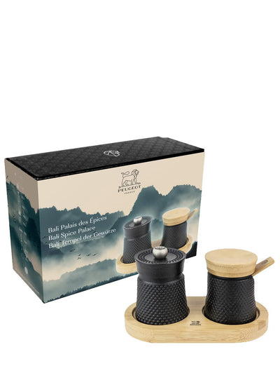 PEUGEOT - Geschenkset Bali Palais des Épices - Pfeffermühle 8 cm aus Gusseisen + Salzbehälter aus Gusseisen + Bambustablett - Klassische Mahlgradeinstellung - Schwarz/Naturfarben