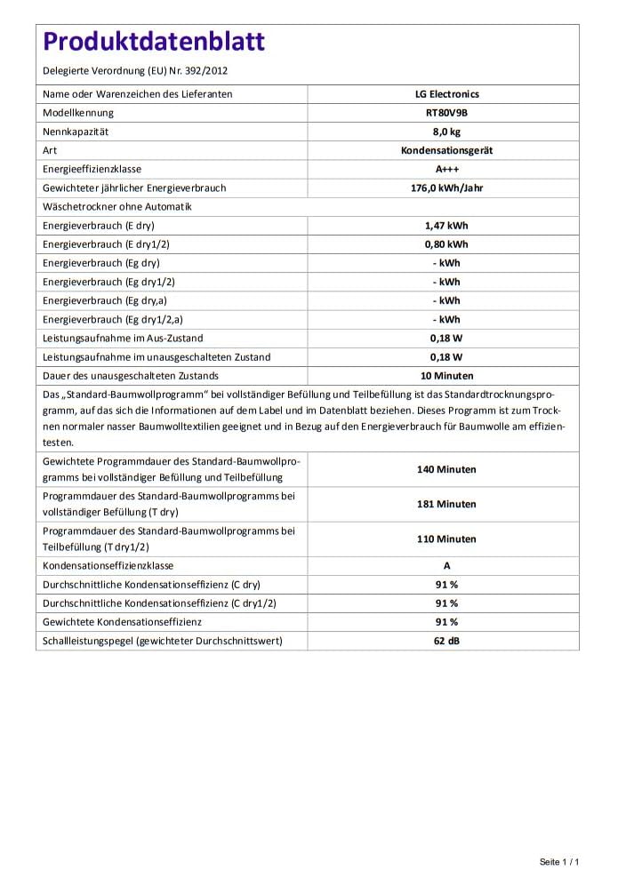 LG RT80V9B, Klasse A+++,Trockner 8 kg, Wärmepumpentrockner mit Kurzprogramm, Trockensensor, Trommelmaterial aus Edelstahl, 60 x 69 x 85 cm ꟷ Schwarz